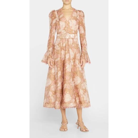 Zimmerman Floral Puffed-Sleeve Belted Midi Dress with Beaded Trim Womens 0 US 4 - Picture 1 of 9